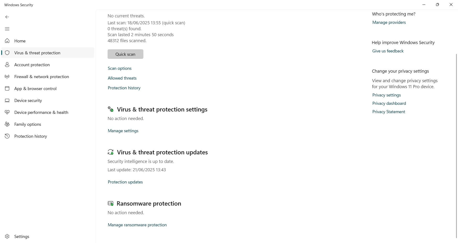 Giao diện tổng quan Bảo vệ khỏi virus và mối đe dọa trong Windows Security