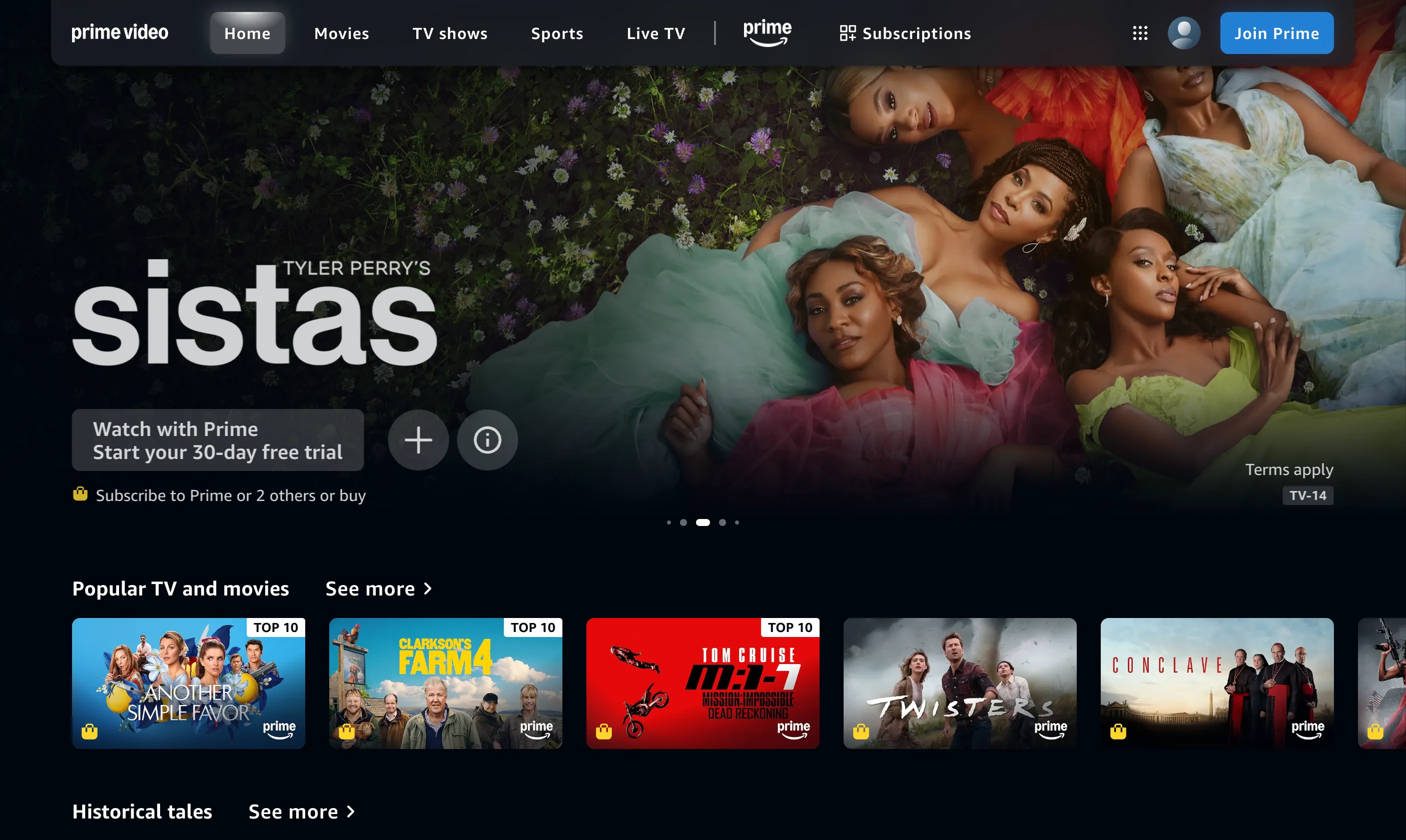 Giao diện trang chủ Amazon Prime Video hiển thị kho phim ảnh và chương trình thể thao đa dạng