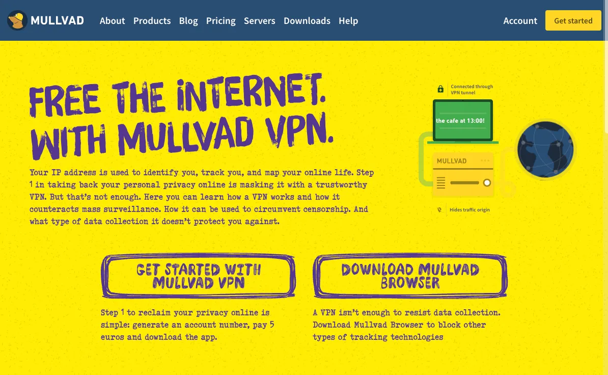 Giao diện trang chủ của dịch vụ VPN ẩn danh Mullvad