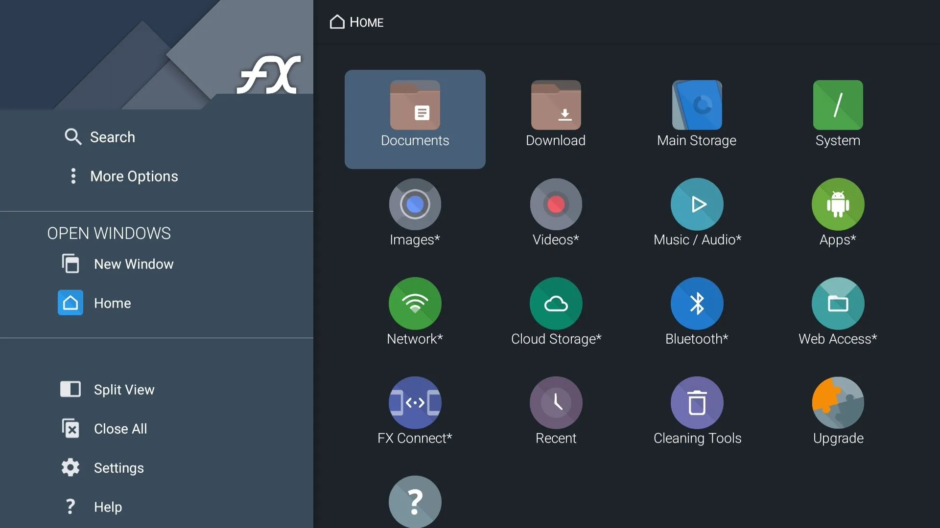 Giao diện trang chủ của ứng dụng FX File Manager trên Google TV, hiển thị các thư mục và tùy chọn quản lý tệp