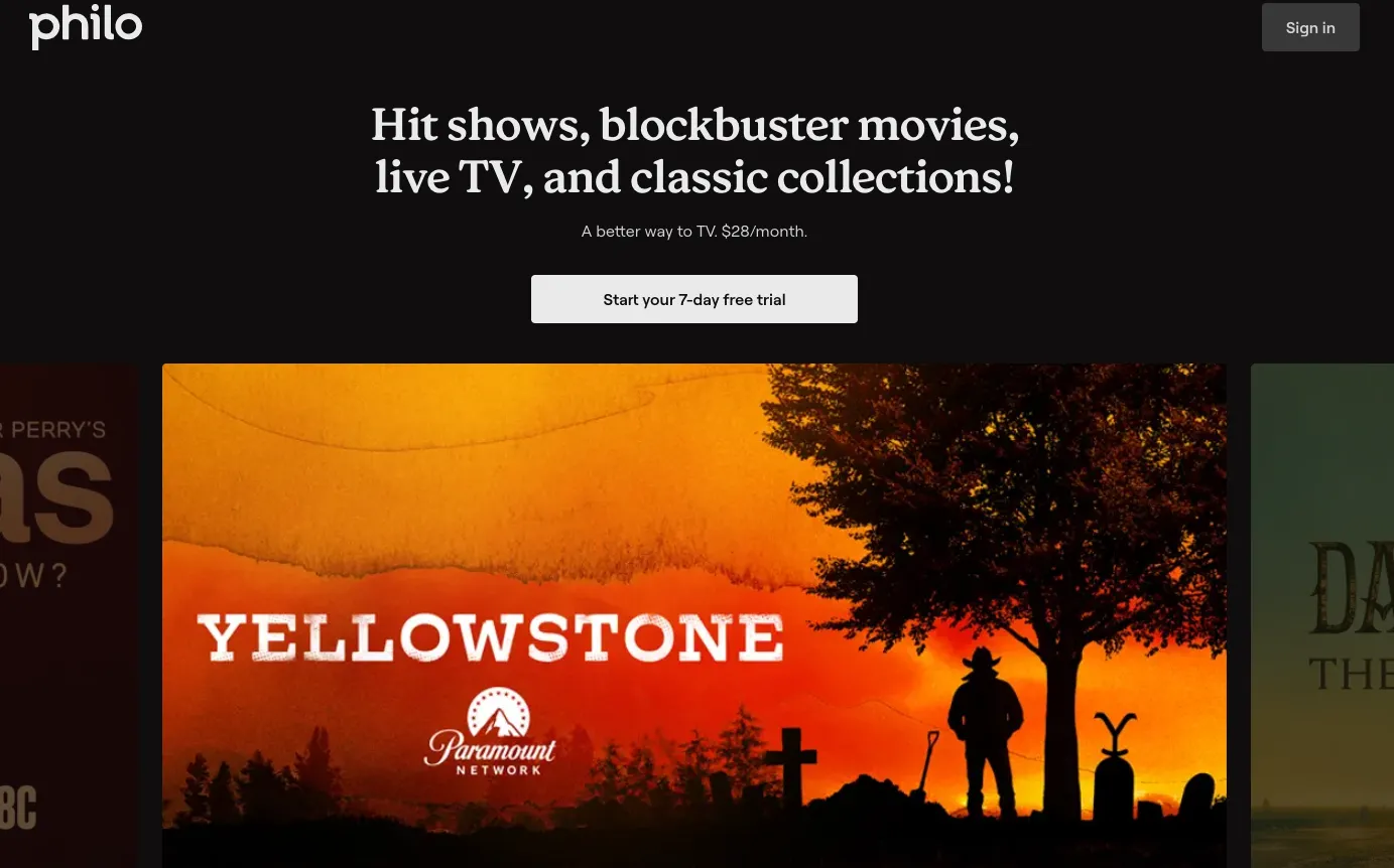 Giao diện trang chủ Philo TV hiển thị quảng cáo chương trình Yellowstone, đại diện cho dịch vụ streaming với đa dạng kênh giải trí