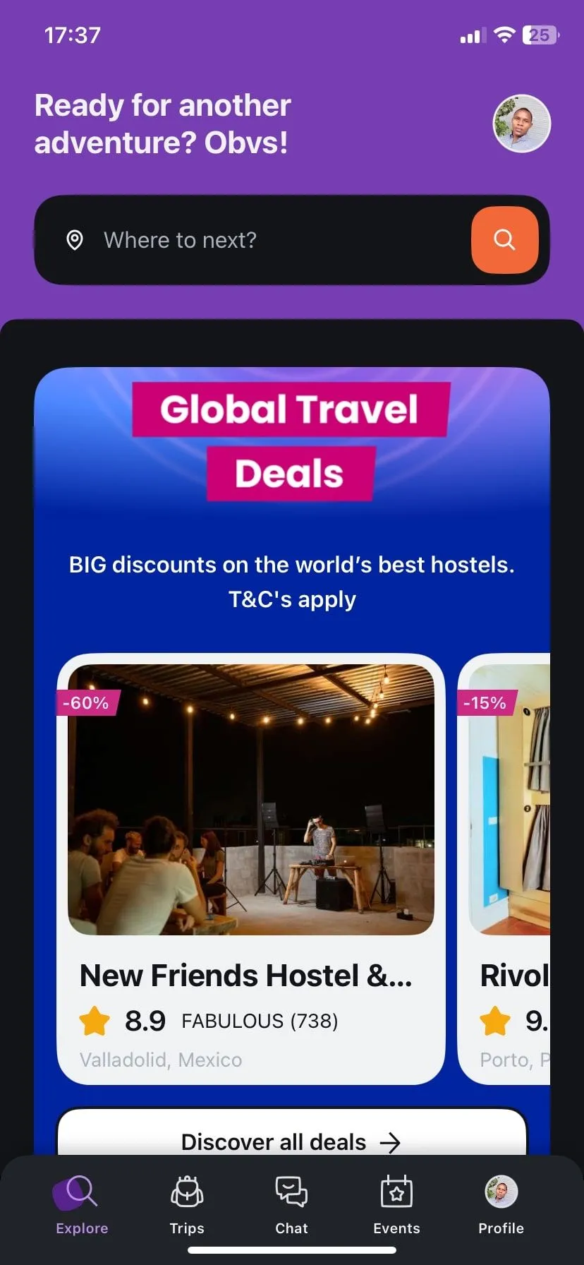 Giao diện trang chủ ứng dụng Hostelworld