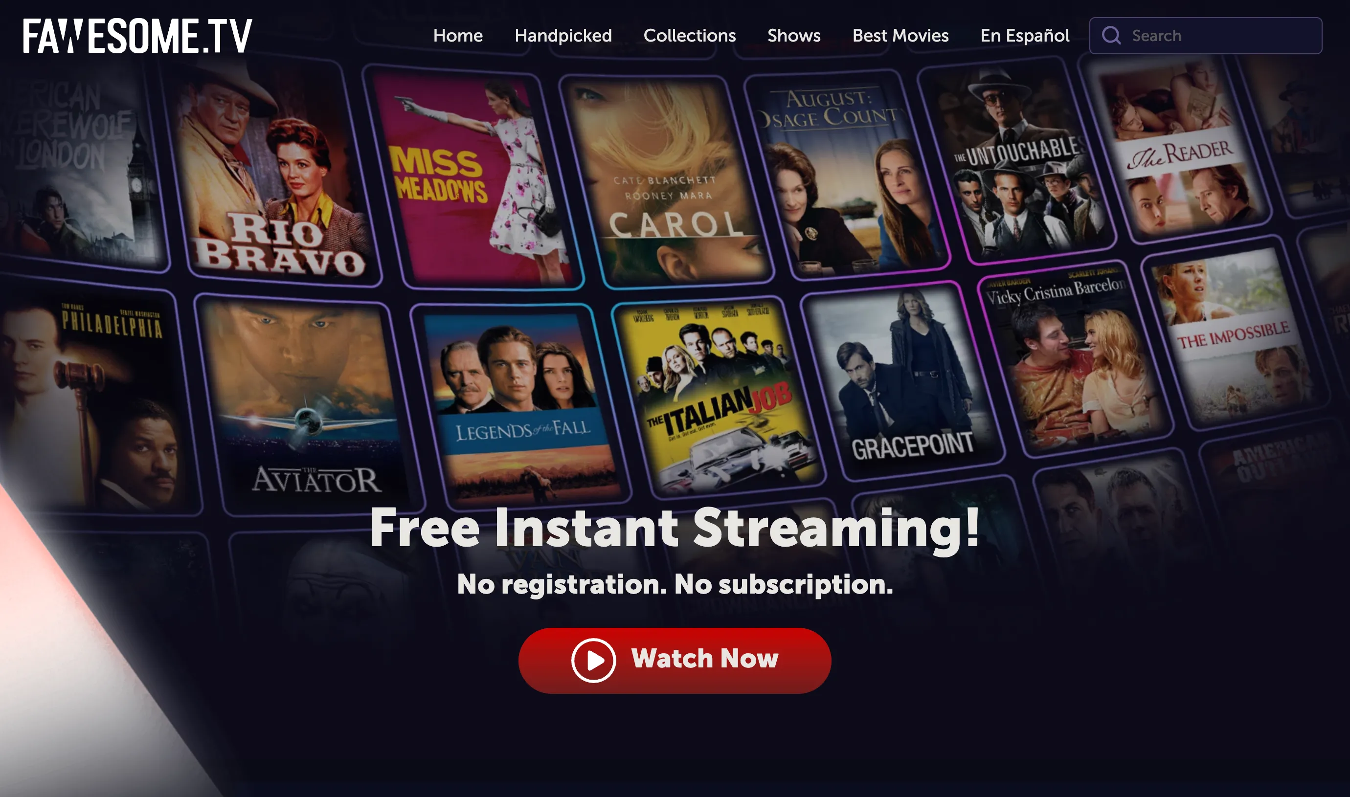 Giao diện trang chủ website Fawesome TV cung cấp dịch vụ xem phim miễn phí.