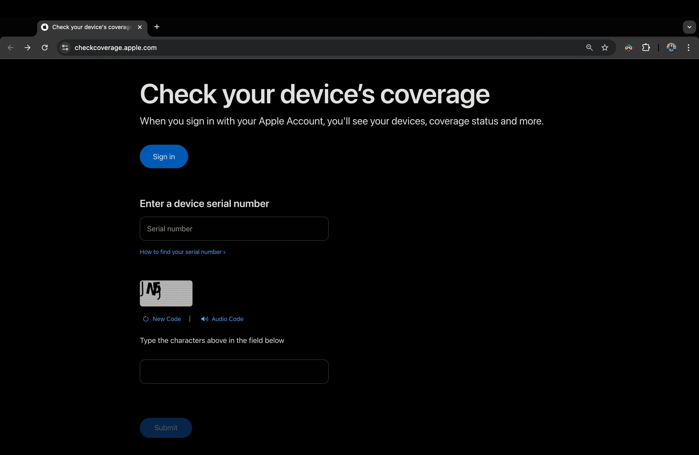 Giao diện trang Kiểm tra Bảo hành Apple để tra cứu thông tin thiết bị bằng số serial