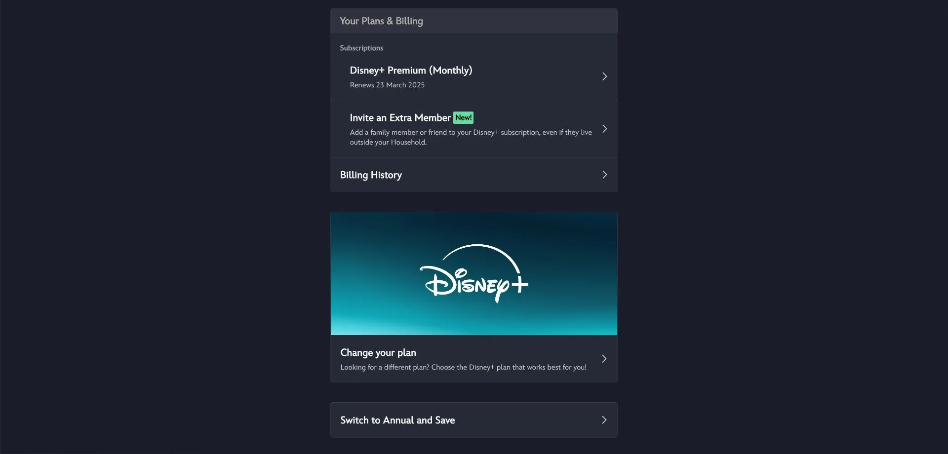 Giao diện trang tài khoản Disney+ hiển thị tùy chọn hủy hoặc đăng ký lại gói dịch vụ