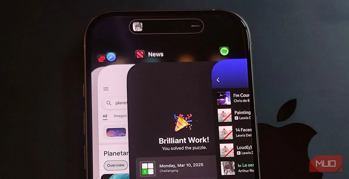 Giao diện trình chuyển đổi ứng dụng trên iPhone 16 Pro không có nút "Đóng tất cả"
