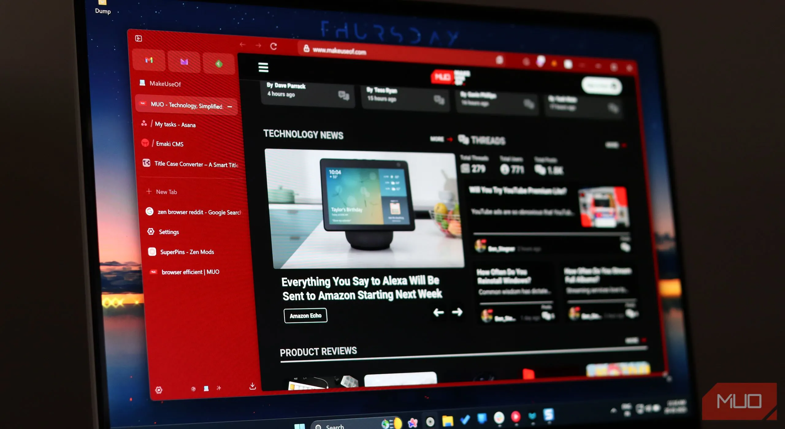 Giao diện trình duyệt Zen Browser hiển thị trang web MakeUseOf ở chế độ toàn màn hình, minh họa tốc độ tải trang và trải nghiệm người dùng.