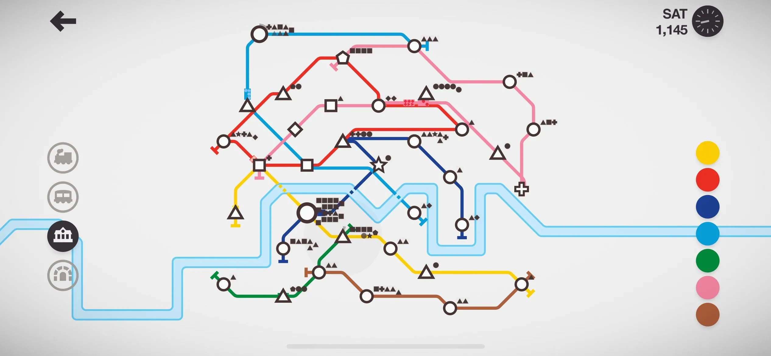 Giao diện trò chơi Mini Metro đang hoạt động trên điện thoại iPhone