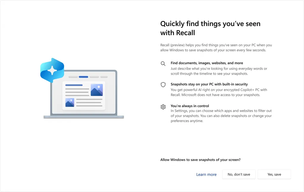Giao diện tùy chọn của tính năng Recall, cho phép người dùng kiểm soát dữ liệu ảnh chụp màn hình