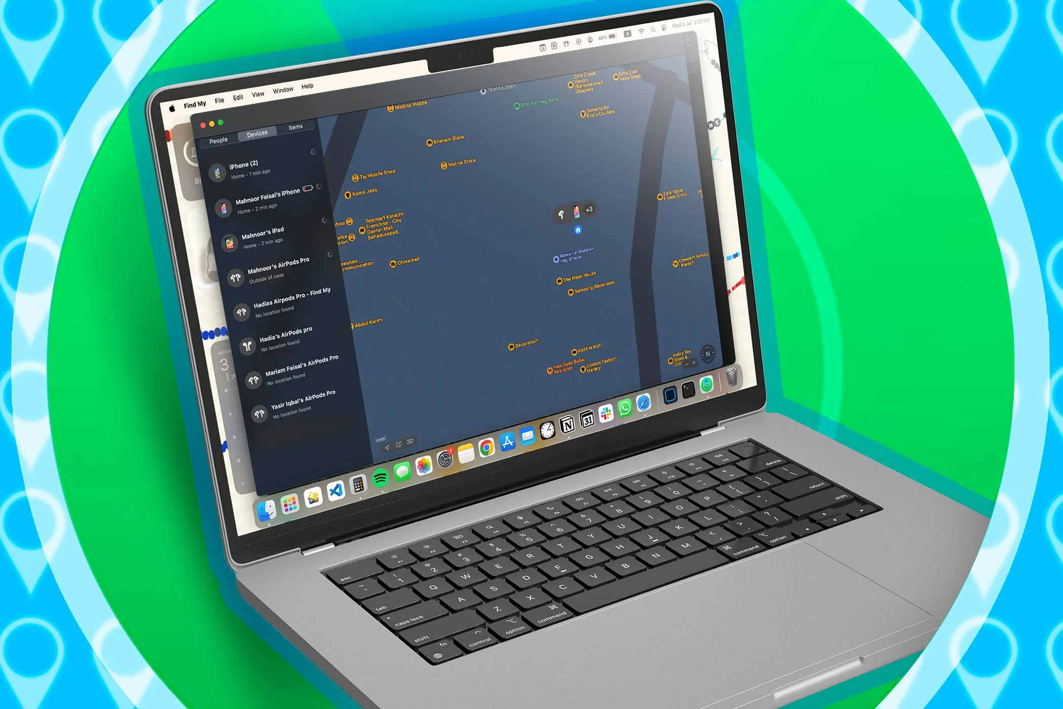 Giao diện ứng dụng Find My Device (Tìm thiết bị) trên MacBook giúp định vị iPhone bị mất cắp