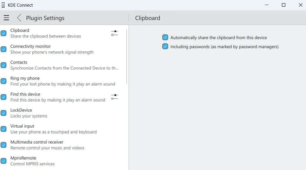 Giao diện ứng dụng KDE Connect trên Windows hiển thị cài đặt đồng bộ clipboard.