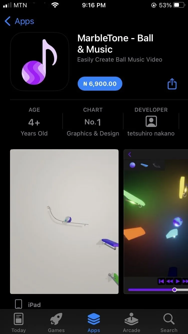 Giao diện ứng dụng MarbleTone trên App Store của iOS, thể hiện quá trình tải xuống ứng dụng trên iPhone