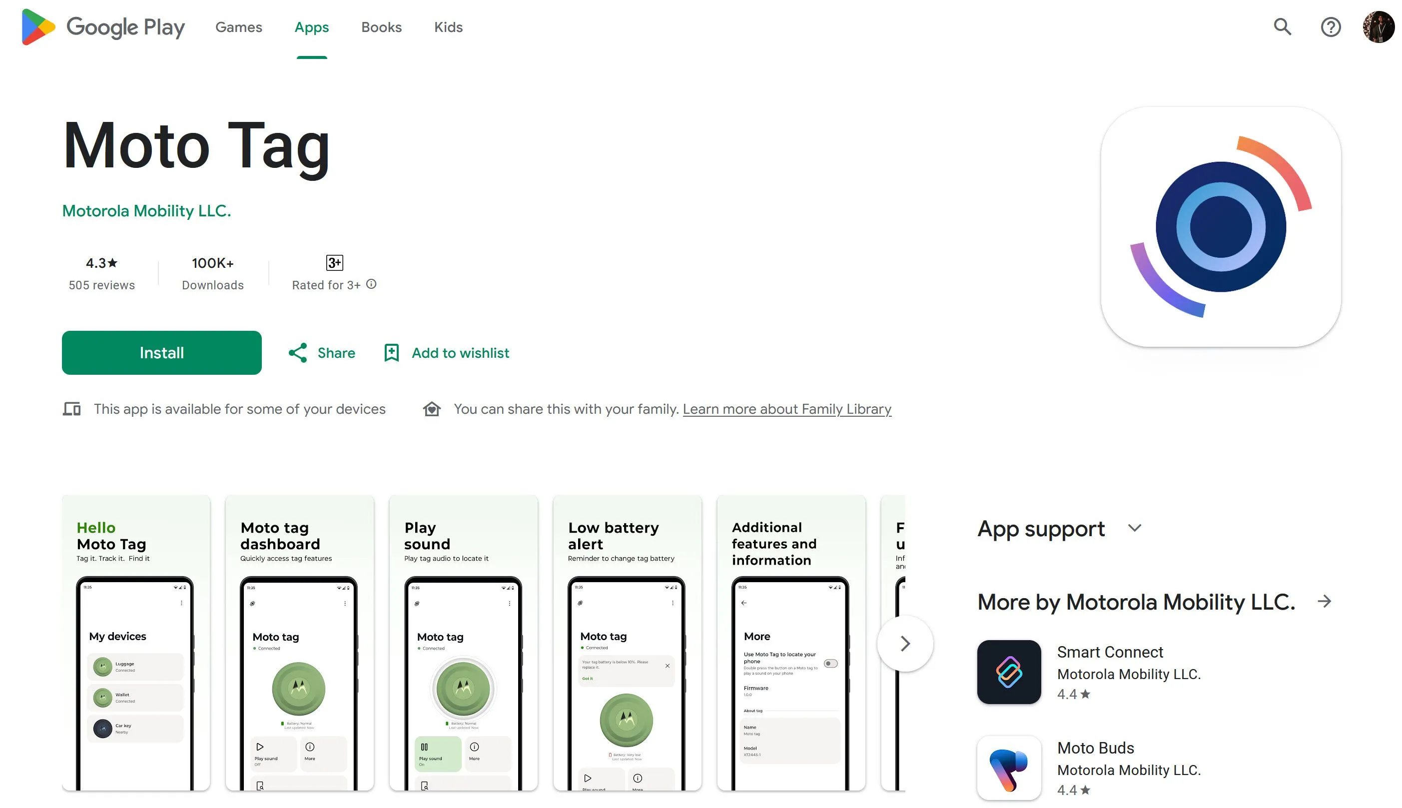 Giao diện ứng dụng Moto Tag trên Google Play Store, hiển thị thông tin về thiết bị định vị UWB của Motorola