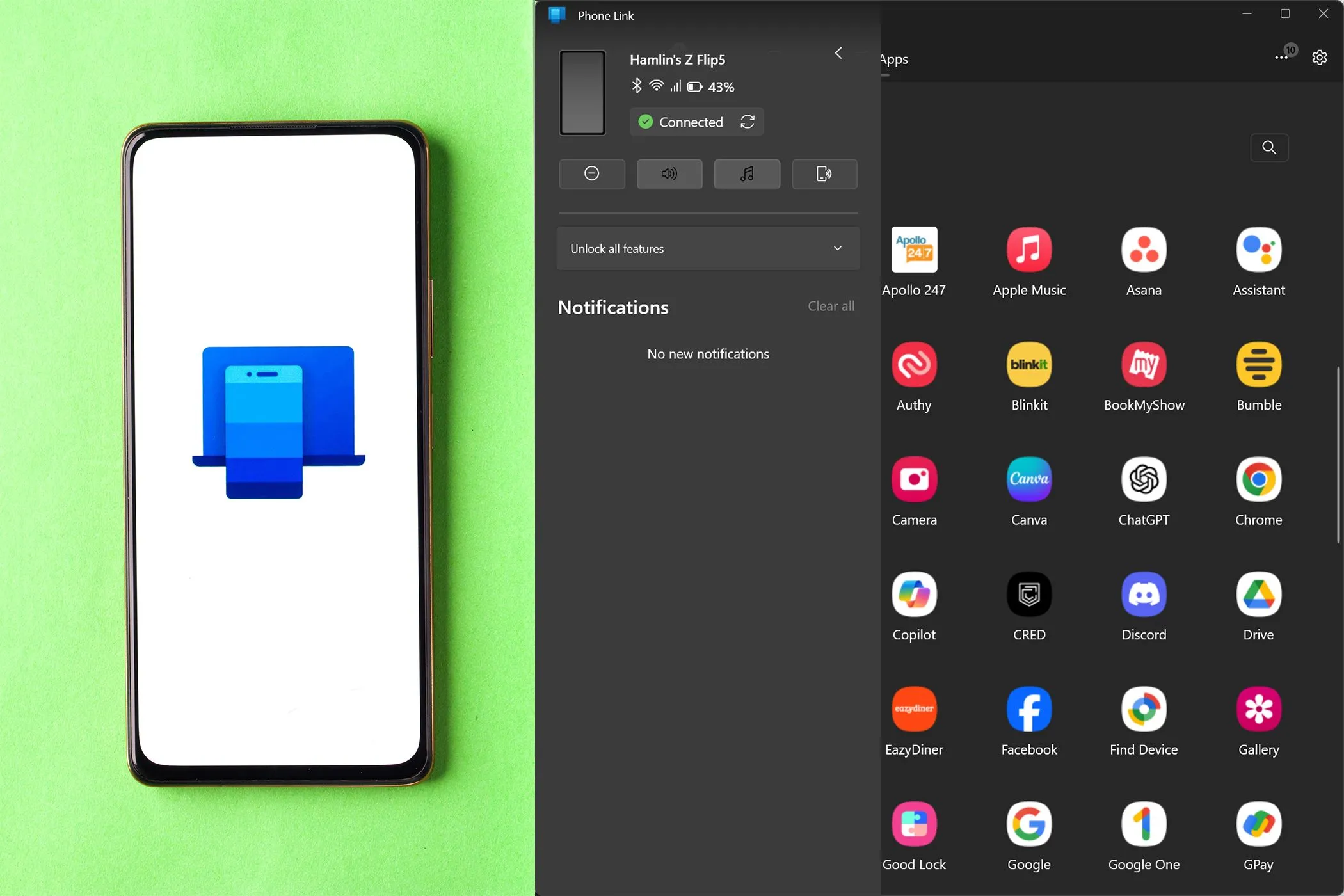 Giao diện ứng dụng Phone Link trên Windows, kết nối và đồng bộ với điện thoại Android thông qua tính năng Shared Experiences