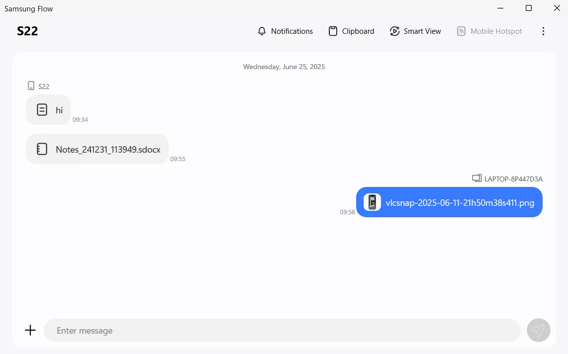 Giao diện ứng dụng Samsung Flow trên máy tính Windows với lịch sử chuyển tệp