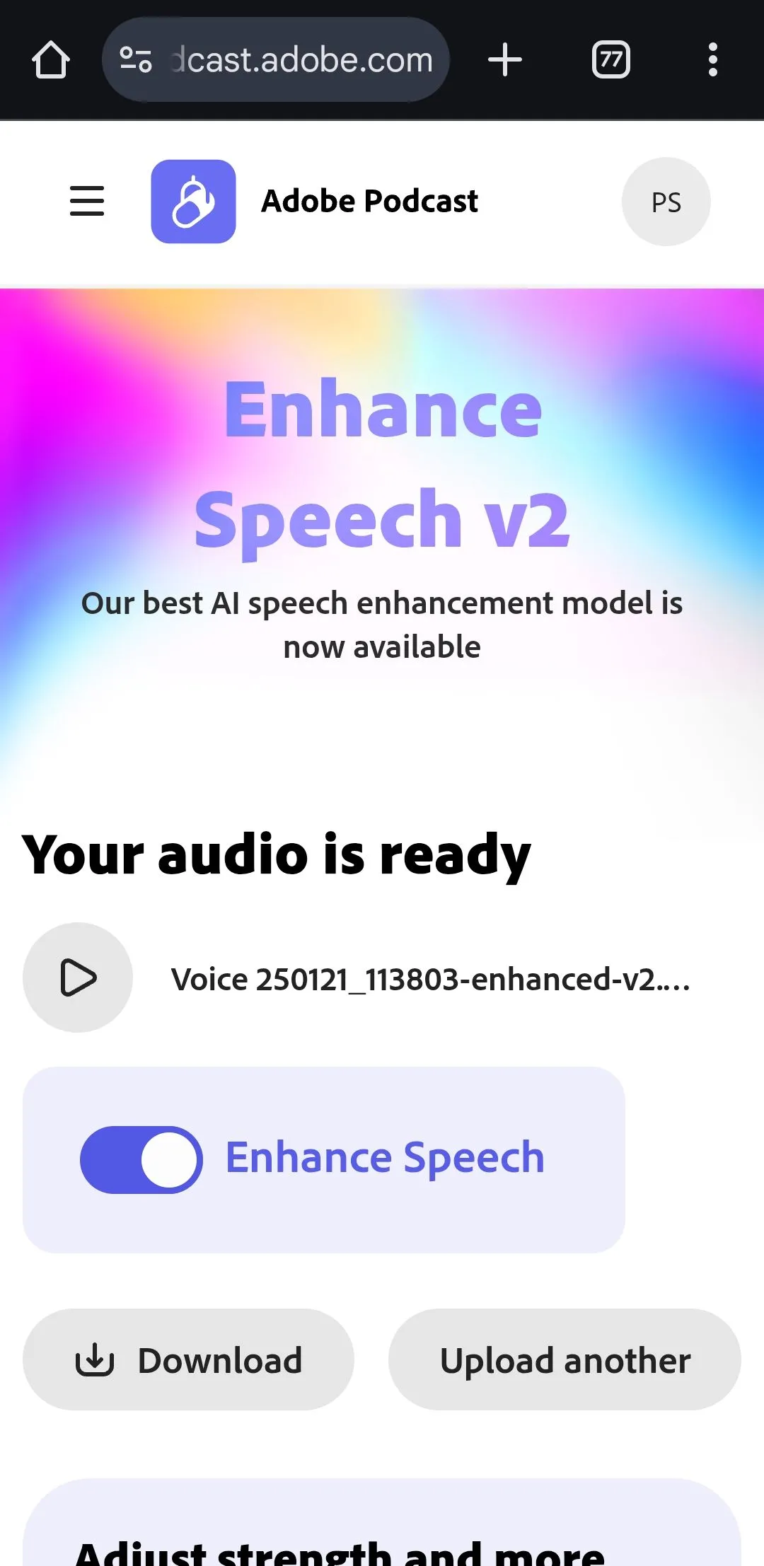 Giao diện website Adobe Enhance Speech trên trình duyệt Chrome Android, minh họa cách công cụ AI giúp loại bỏ tiếng ồn nền và tăng cường giọng nói.