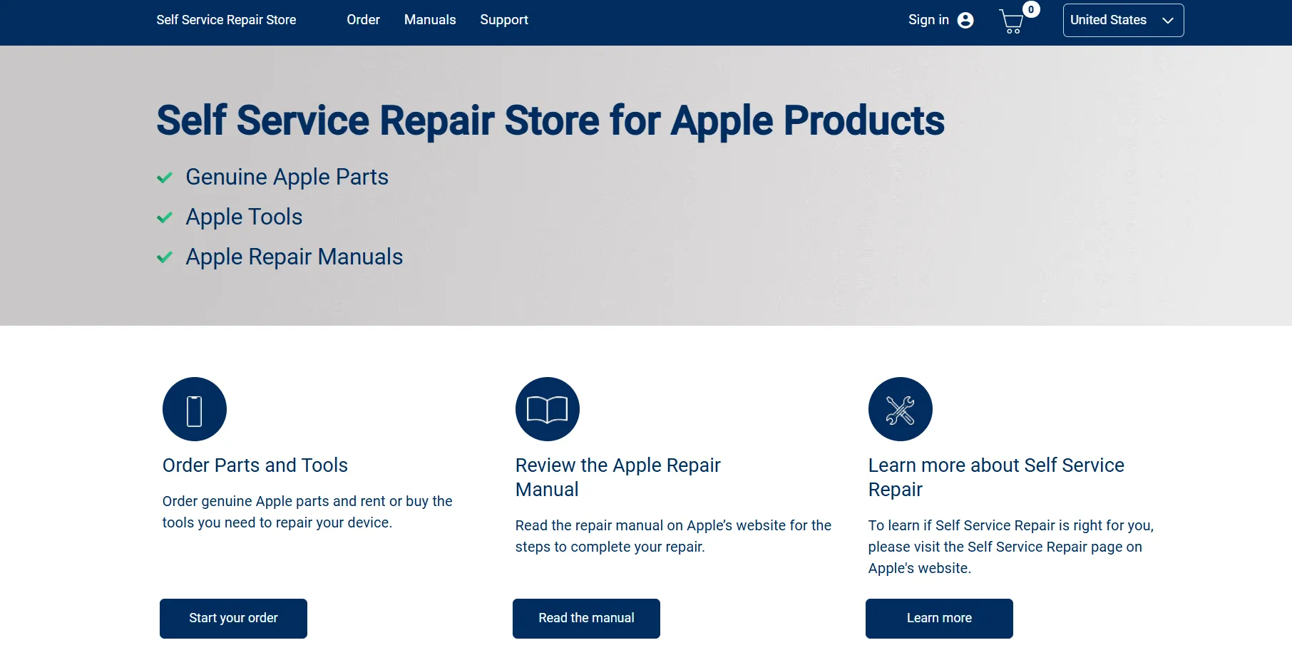 Giao diện website Self-Service Repair của Apple cung cấp linh kiện và hướng dẫn tự sửa chữa iPad