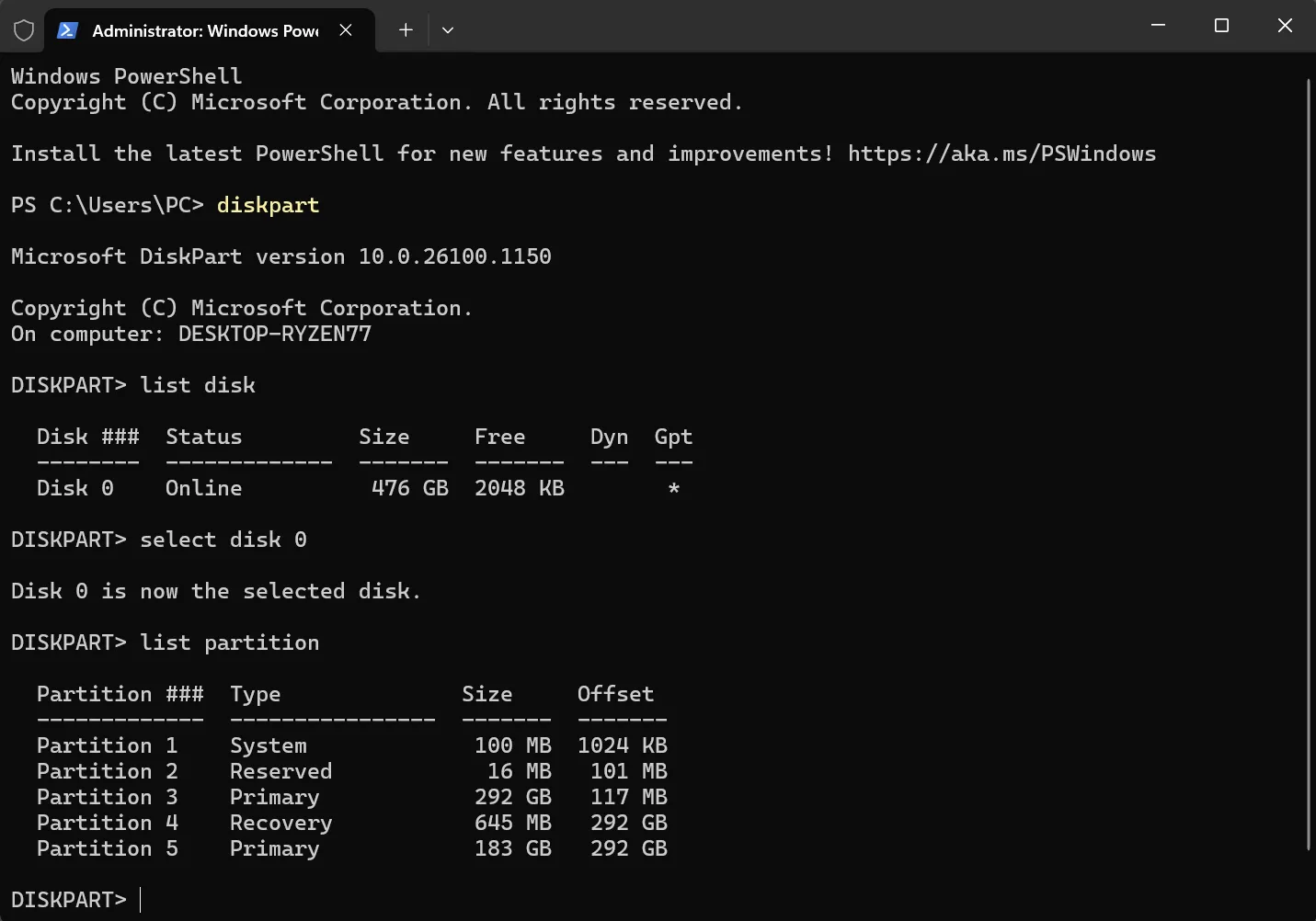 Giao diện Windows PowerShell hiển thị danh sách các phân vùng ổ đĩa sau khi sử dụng lệnh DiskPart