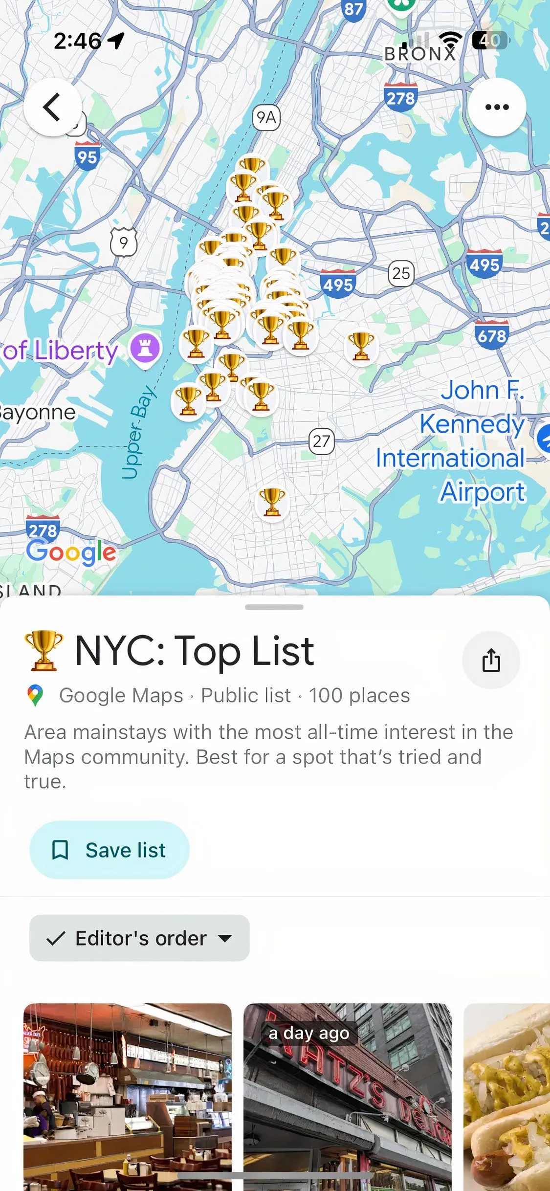 Google Maps hiển thị danh sách các địa điểm nổi bật ở New York City