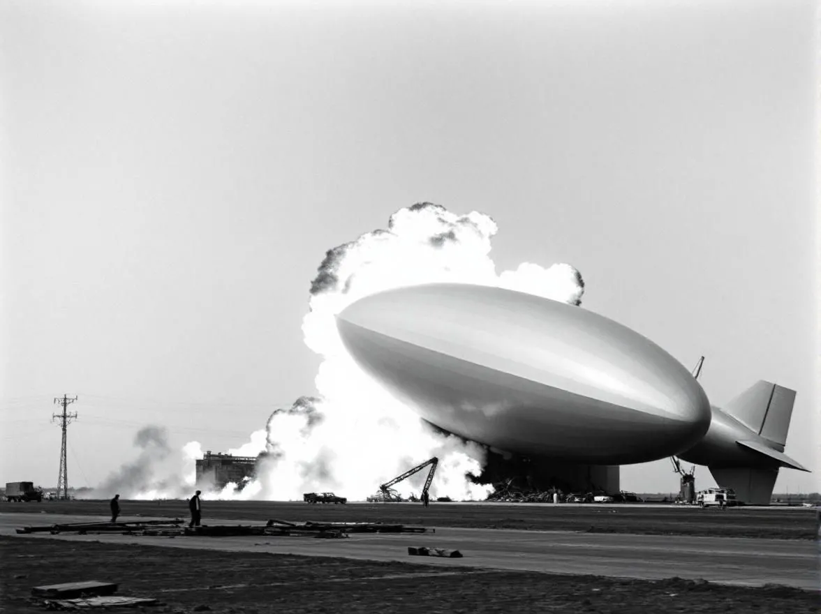 Hình ảnh AI tạo ra từ Fotor AI mô phỏng &quot;Thảm Họa Hindenburg&quot;, khí cầu vẫn nguyên vẹn dù bốc cháy.