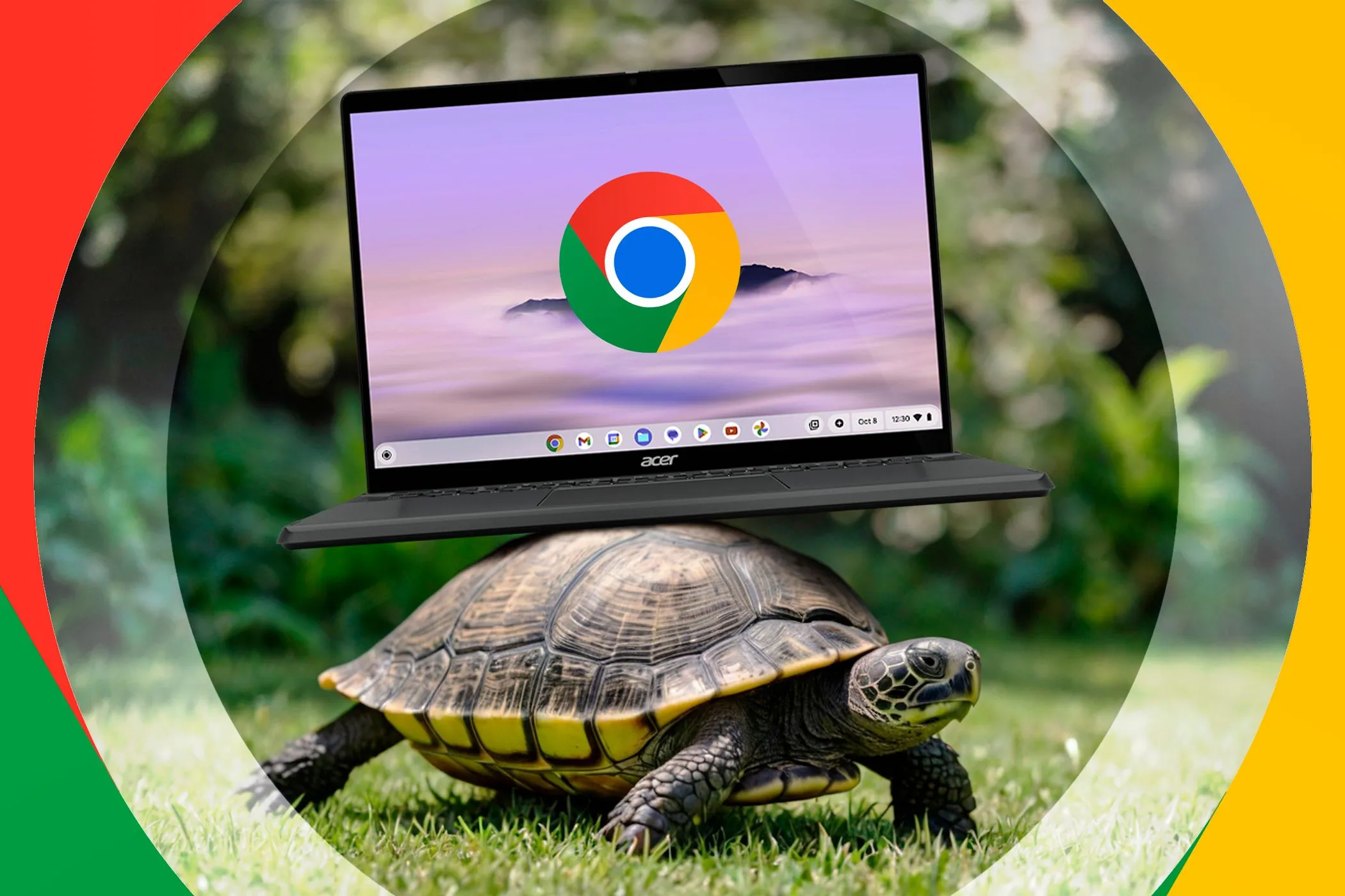 Hình ảnh ẩn dụ rùa cõng Chromebook tượng trưng cho hiệu năng chậm chạp khi xử lý tác vụ nặng