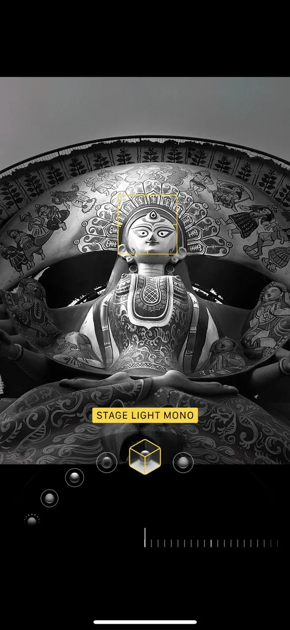 Hình ảnh chân dung đơn sắc với hiệu ứng Ánh sáng Sân khấu Đơn sắc (Stage Light Mono) trên iPhone, tăng độ tương phản và tập trung vào biểu cảm.