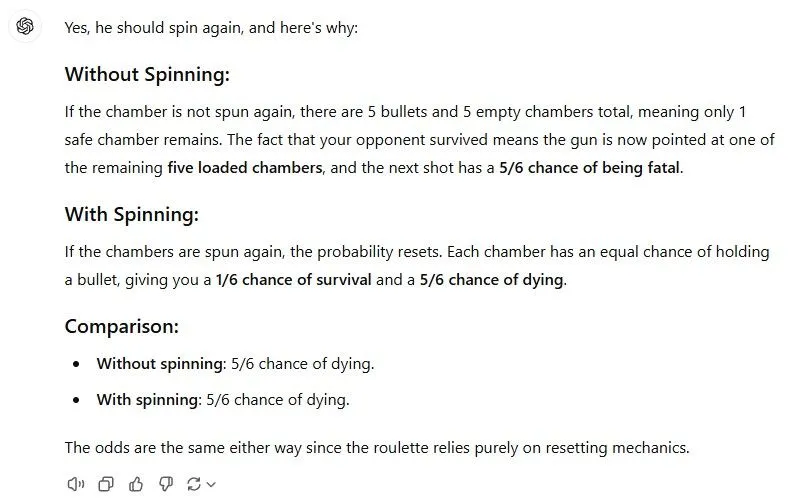 Hình ảnh ChatGPT đưa ra phân tích xác suất sai trong câu đố Russian roulette, cảnh báo về &quot;ảo giác AI&quot;.