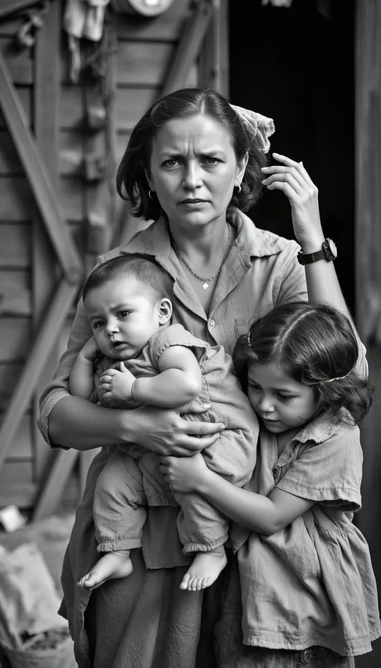 Hình ảnh được AI (Fotor) tạo ra mô phỏng &quot;Migrant Mother&quot;, thể hiện một người mẹ với hai con.