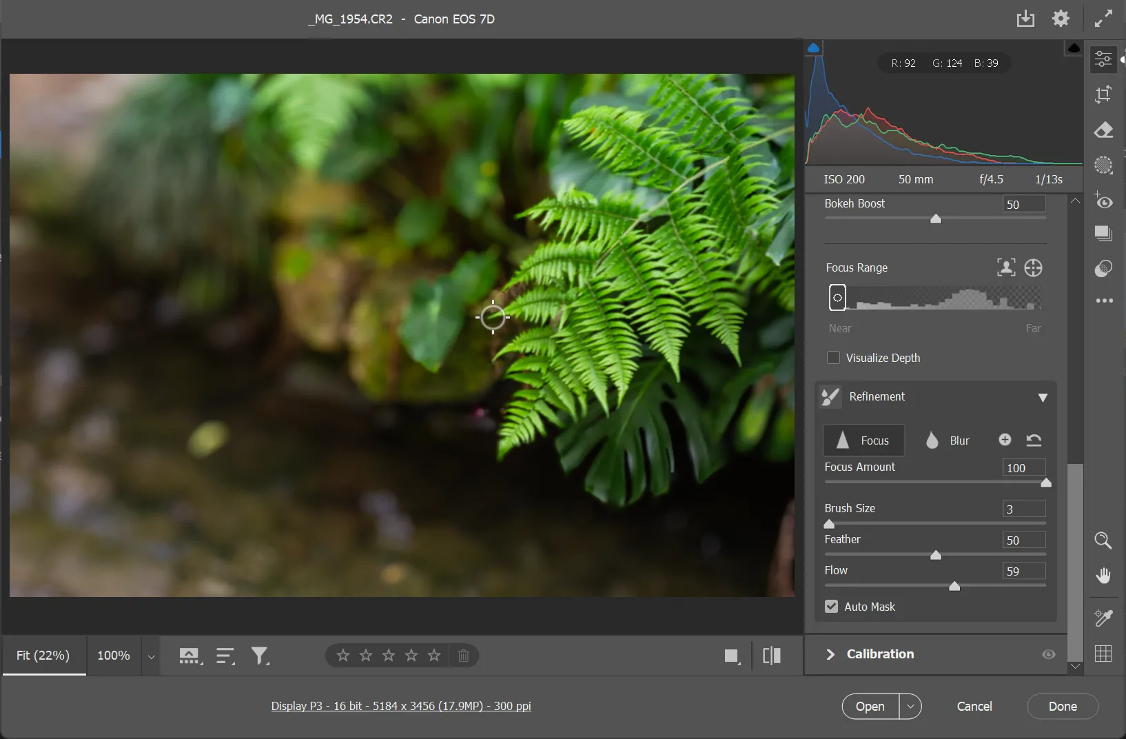 Hình ảnh hoa sau khi áp dụng Lens Blur trong Photoshop, với công cụ Refinement brush đang được sử dụng để tinh chỉnh vùng lấy nét và làm mờ.