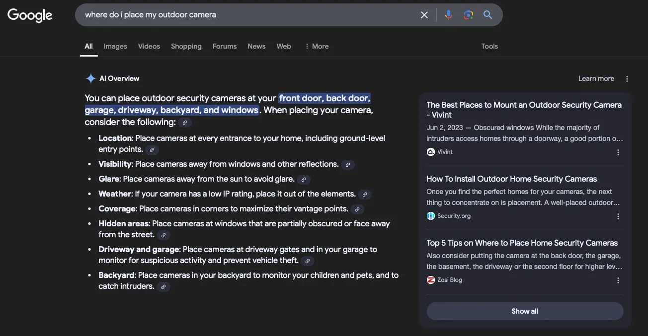 Hình ảnh kết quả tìm kiếm Google có hiển thị tính năng AI Overviews
