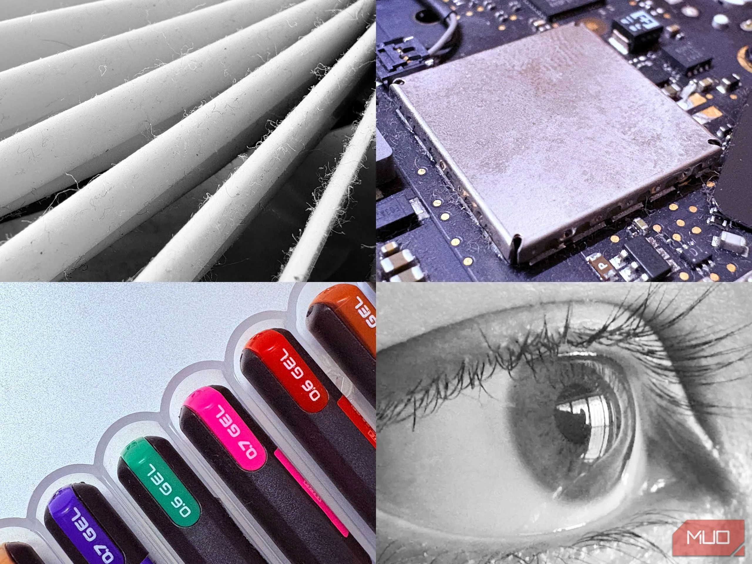 Hình ảnh macro chụp các vật dụng hàng ngày như đầu bút chì và mạch điện tử, làm nổi bật chi tiết tinh xảo với iPhone 16.