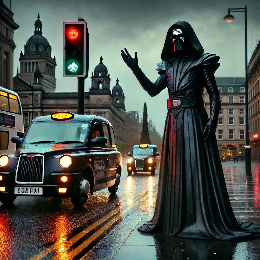 Hình ảnh một nhân vật bí ẩn, cao lớn giống Chúa tể Sith đứng ở Quảng trường George, Glasgow, do DALL-E tạo ra