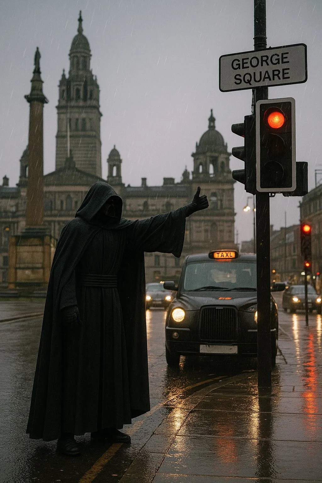 Hình ảnh một nhân vật bí ẩn, cao lớn giống Chúa tể Sith đứng ở Quảng trường George, Glasgow, với không khí chân thực từ ChatGPT 4o