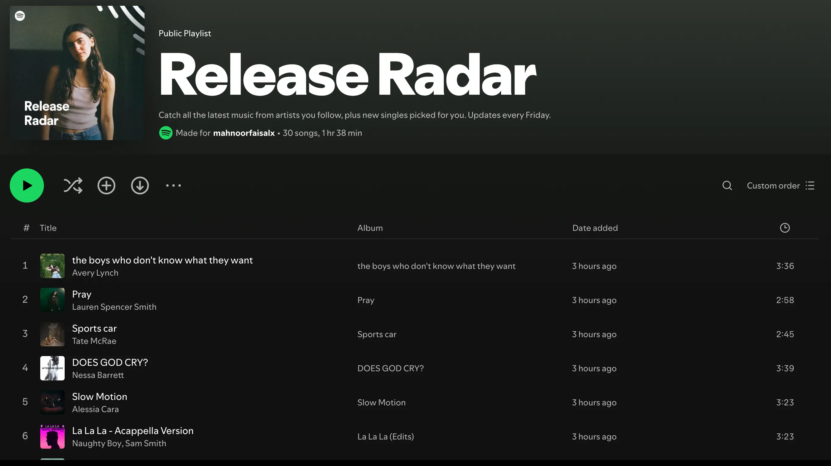 Hình ảnh playlist Release Radar trên Spotify, nơi cập nhật các bản nhạc mới nhất từ nghệ sĩ yêu thích.
