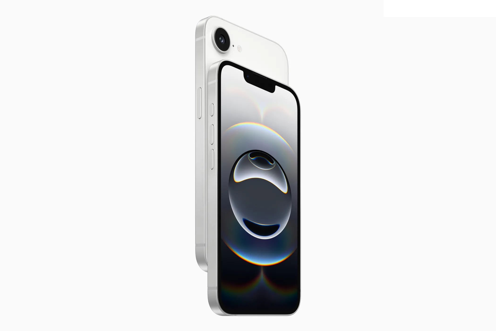 Hình ảnh sản phẩm iPhone 16e màu trắng với thiết kế màn hình tai thỏ