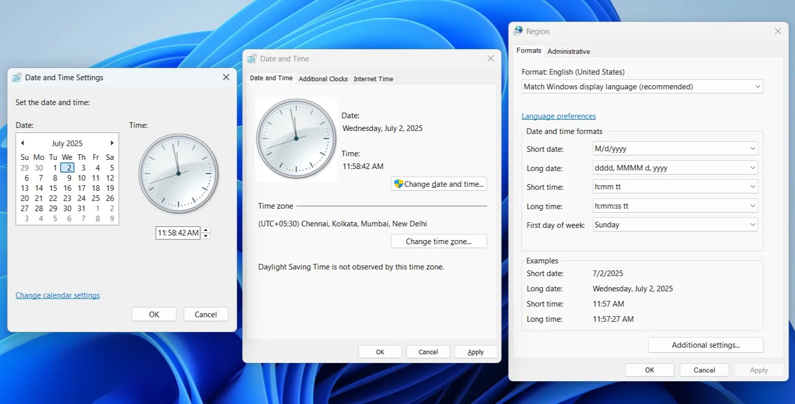 Hộp thoại cài đặt Ngày và Giờ truyền thống trên Windows, cho phép điều chỉnh múi giờ và định dạng hiển thị chi tiết.