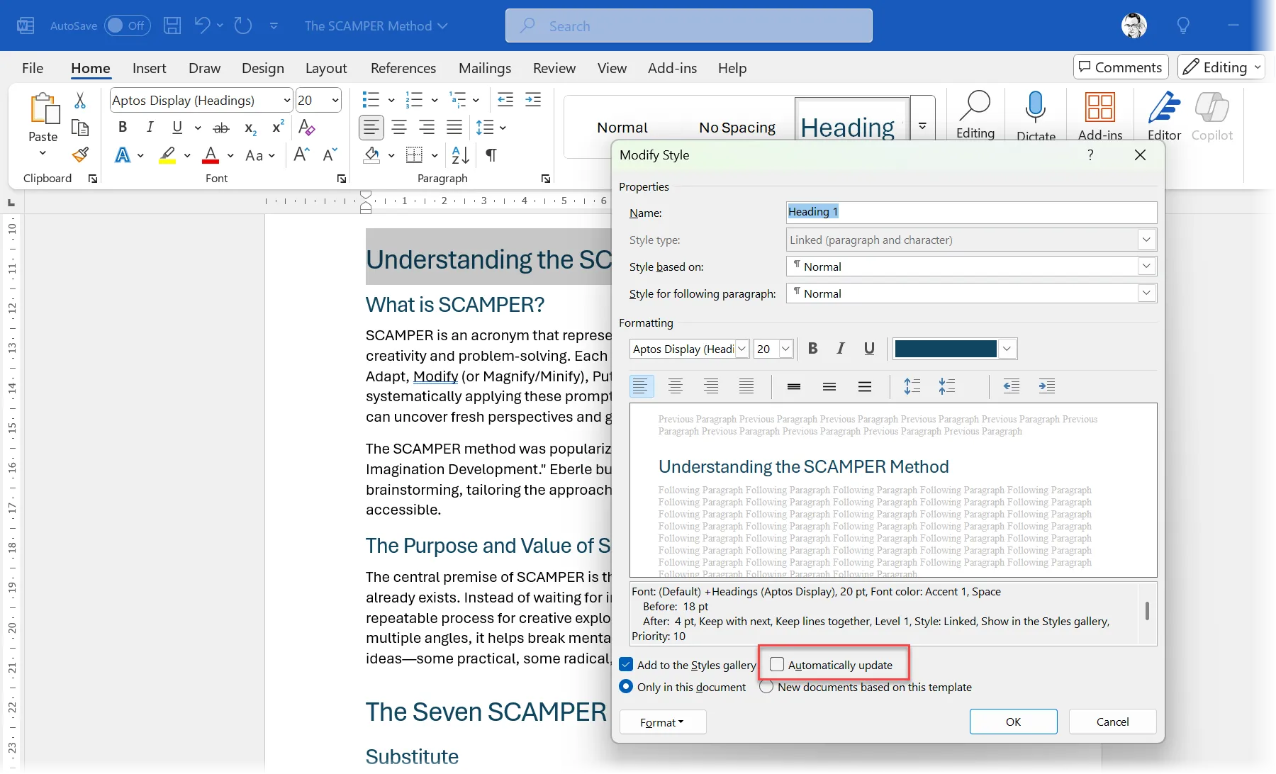 Hộp thoại Modify Style trong Word với tùy chọn Automatically update được bỏ chọn, giúp kiểm soát tốt hơn việc cập nhật kiểu.