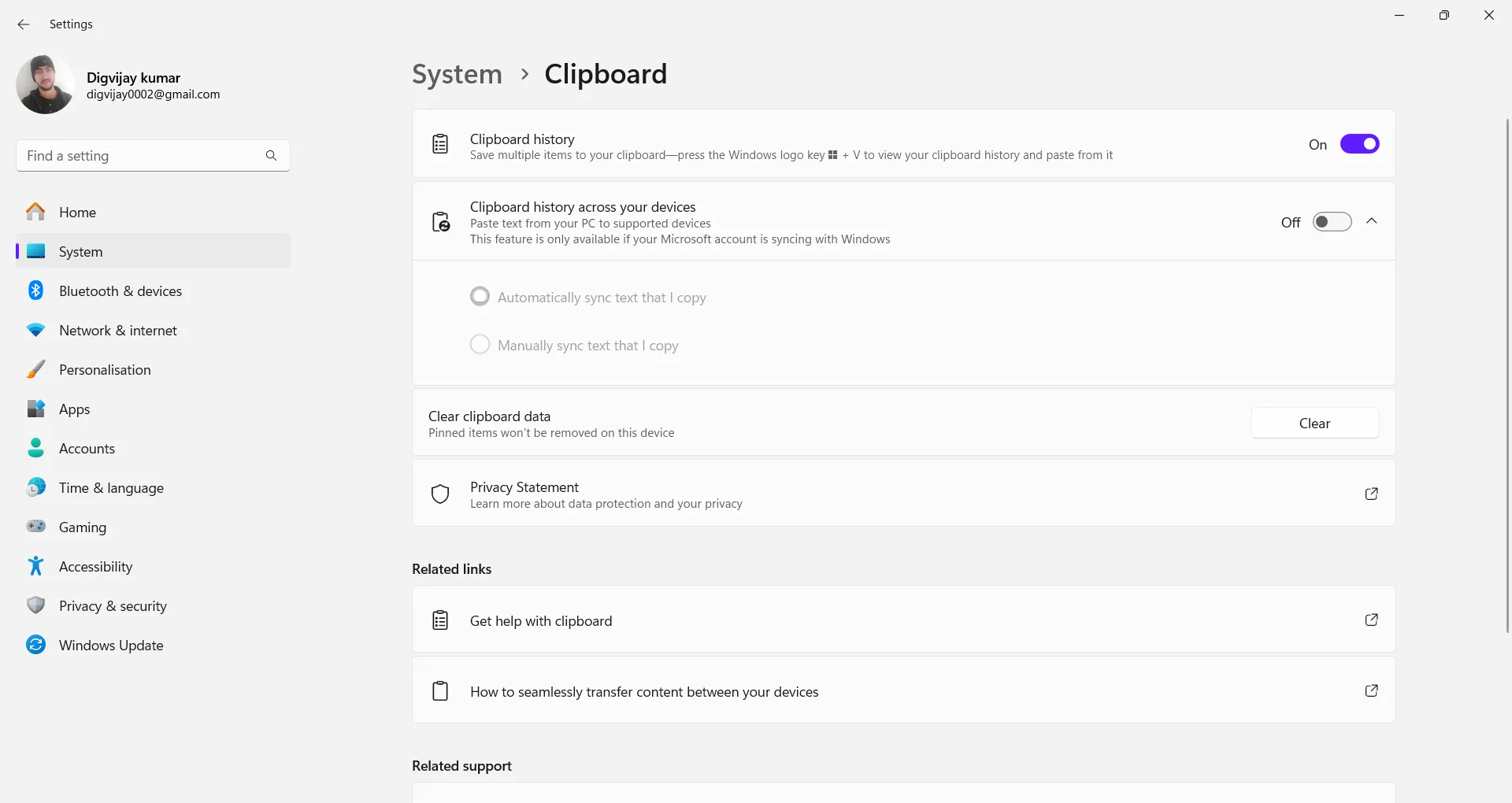 Hướng dẫn bật tính năng lịch sử Clipboard trong cài đặt Hệ thống của Windows