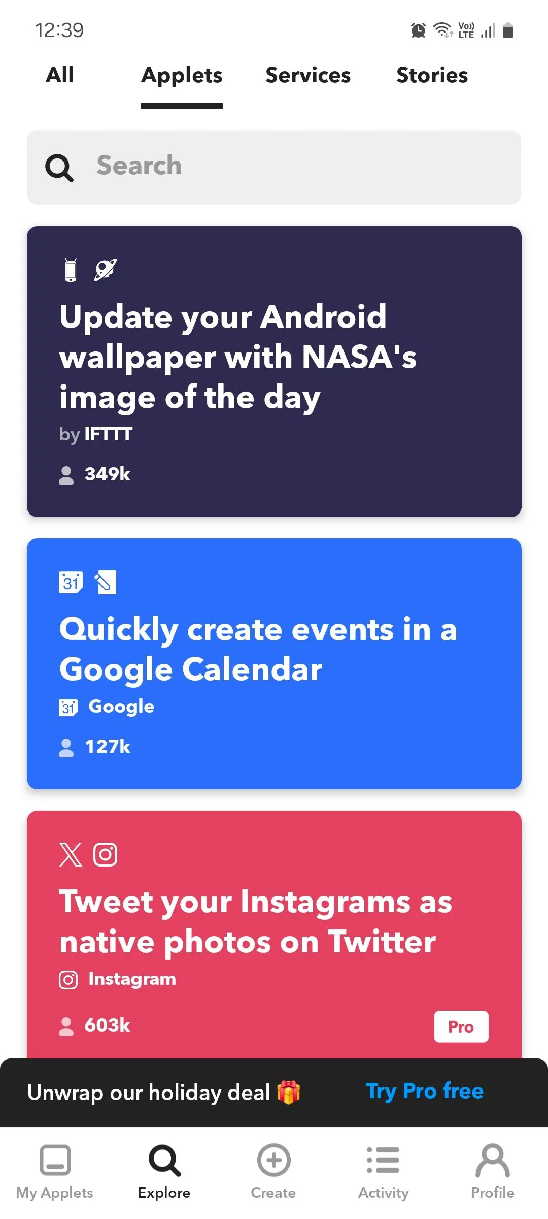 IFTTT hiển thị các gợi ý Applet để tự động hóa