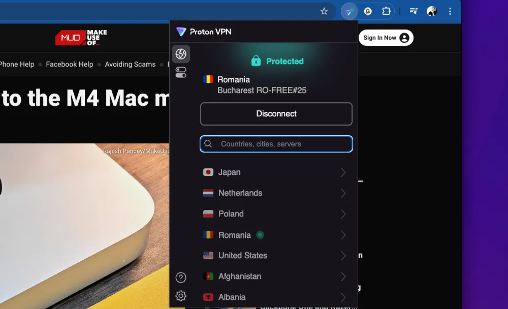 Kết nối VPN qua tiện ích mở rộng ProtonVPN