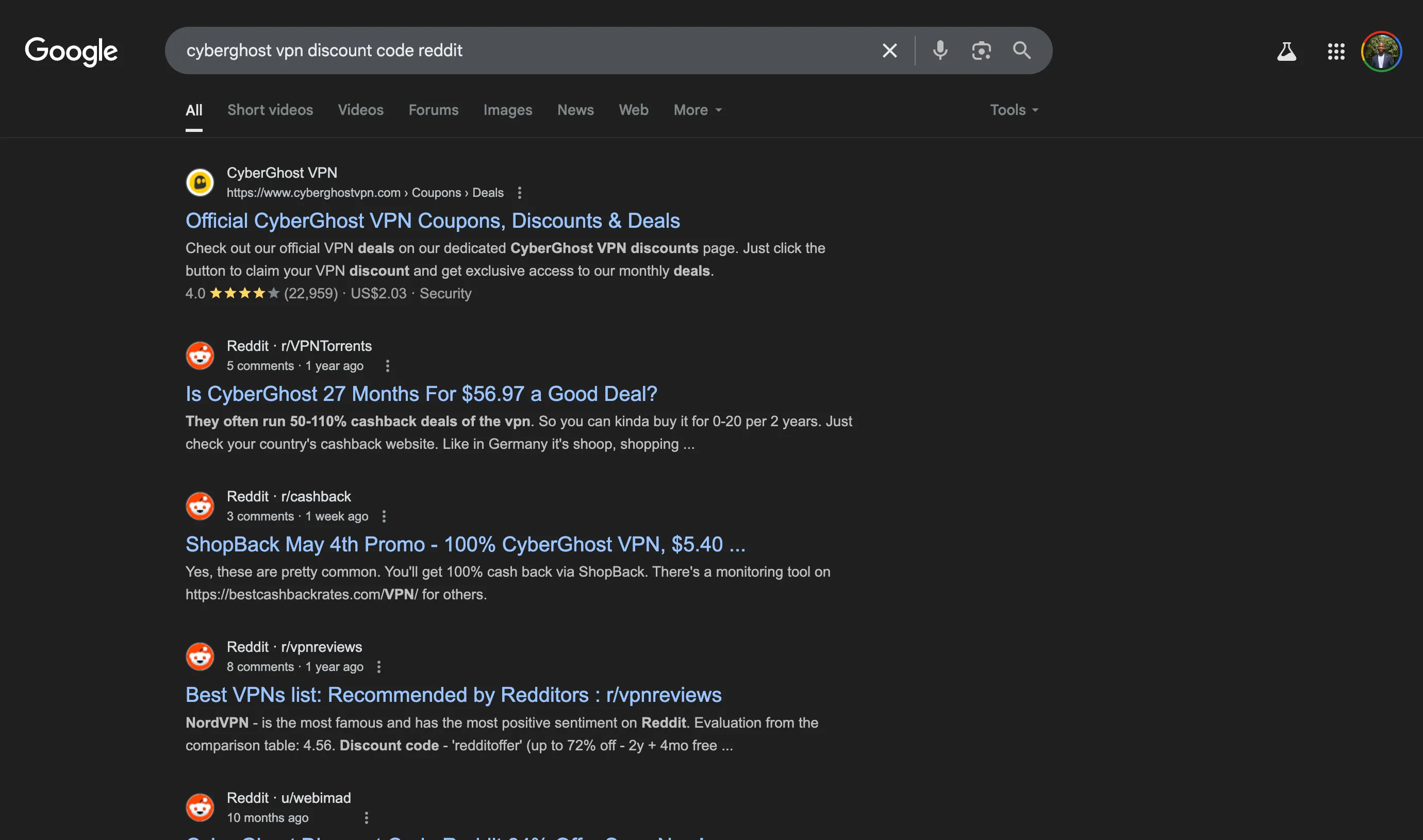 Kết quả tìm kiếm Google cho mã giảm giá VPN CyberGhost