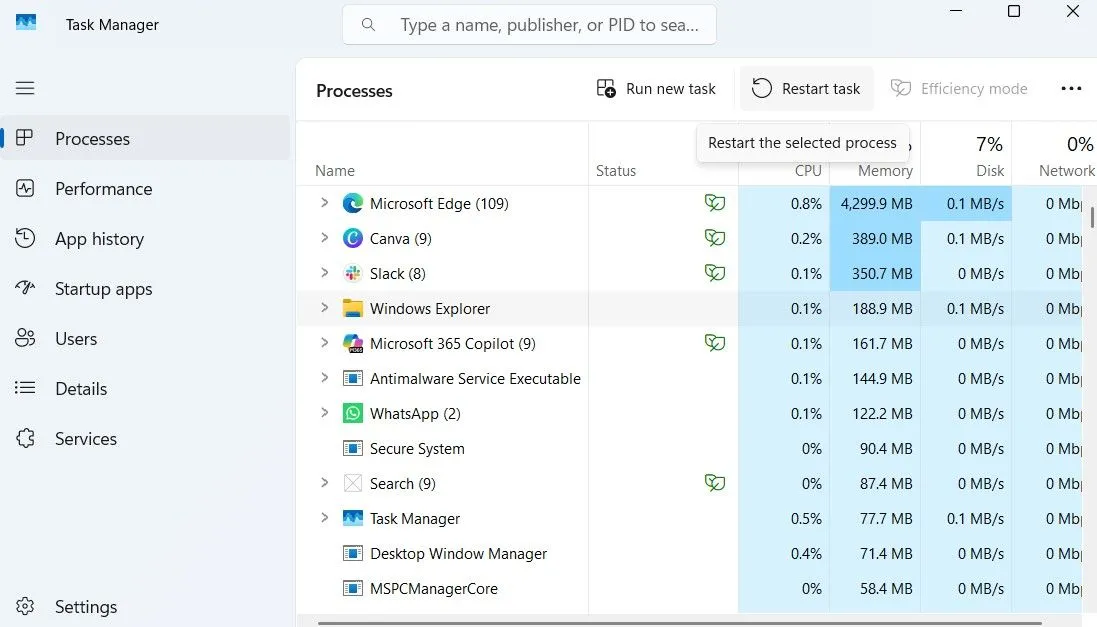 Khởi động lại Windows Explorer trong Trình quản lý Tác vụ của Windows