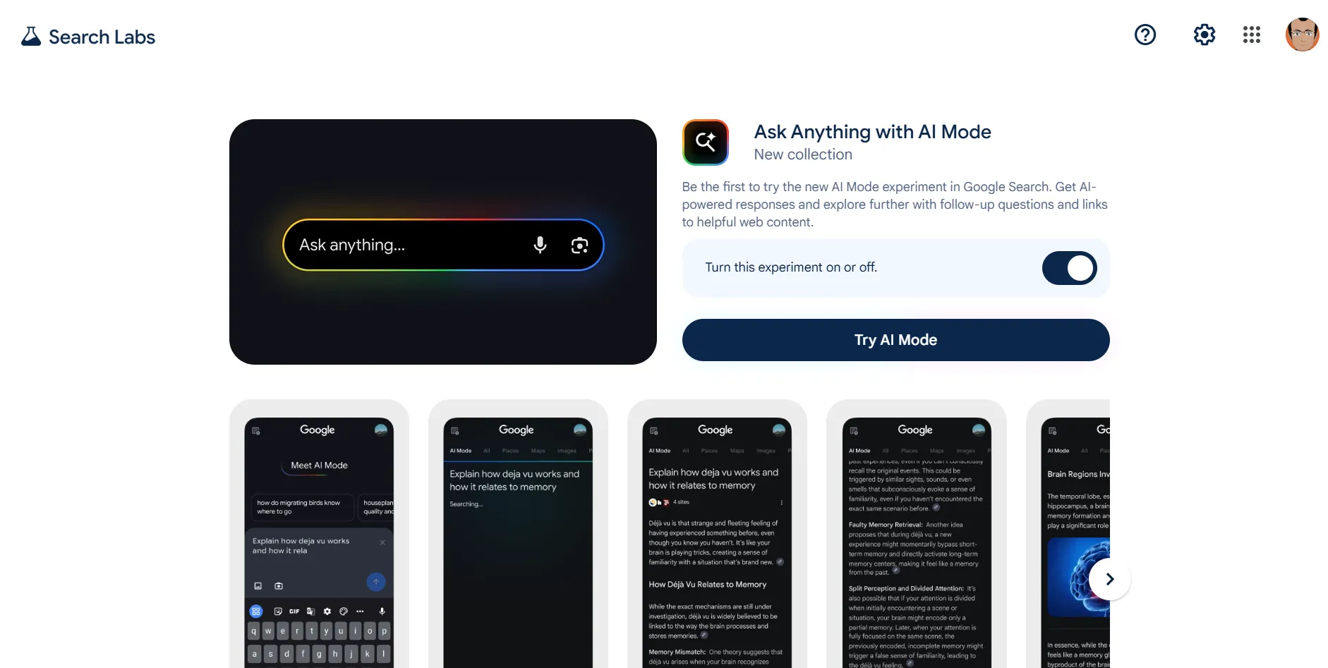 Kích hoạt chế độ AI của Google từ mục Experiments trong Google Labs