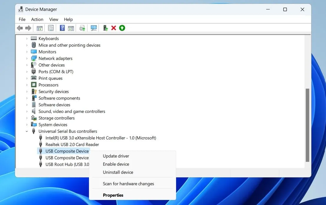 Kích hoạt lại driver USB trong Quản lý Thiết bị để khắc phục sự cố