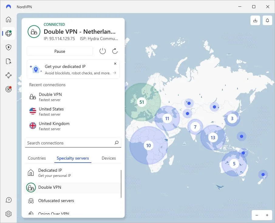 Kích hoạt tùy chọn Double VPN trong ứng dụng NordVPN để tăng cường bảo mật