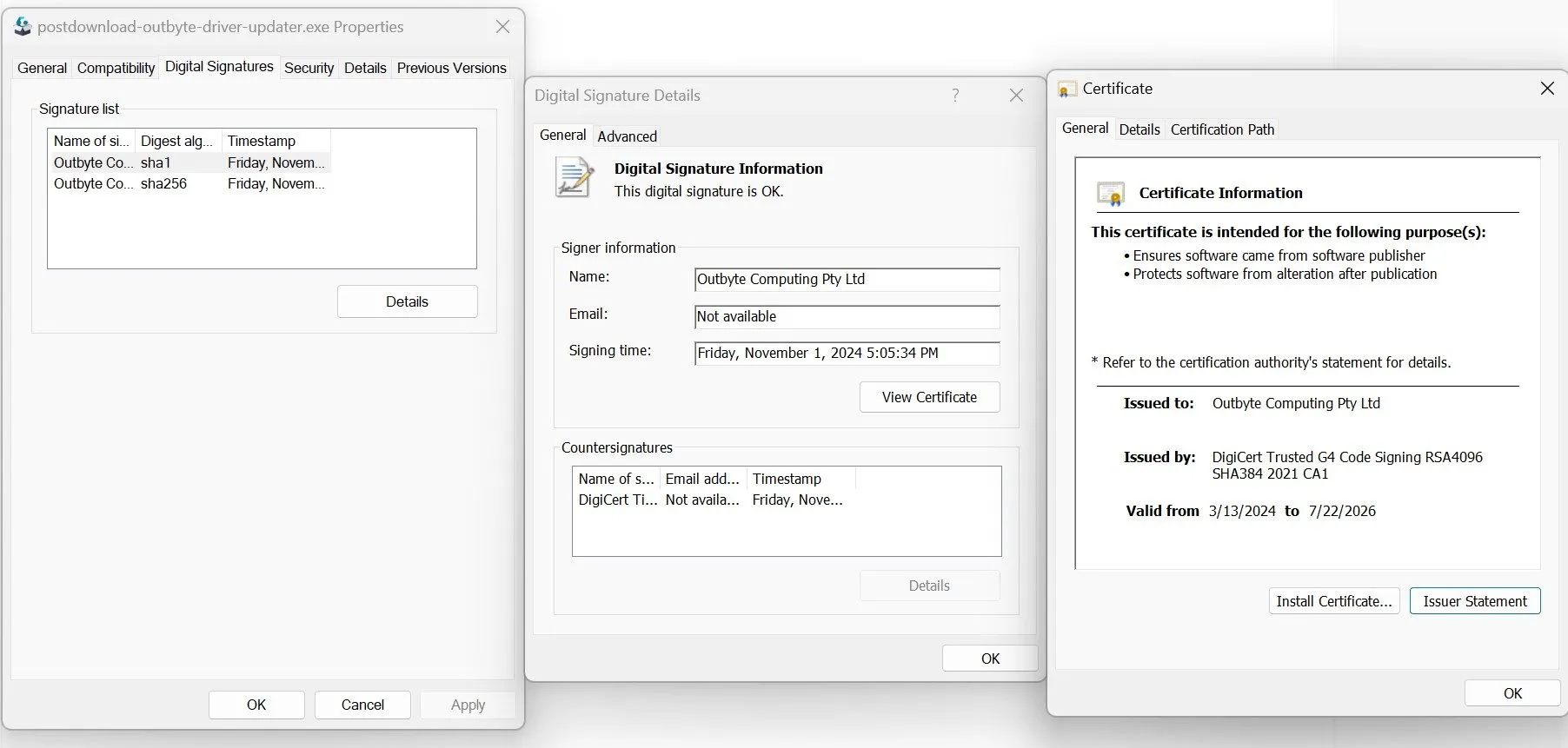 Kiểm tra chữ ký số và chứng chỉ của tệp EXE trên Windows để xác minh nguồn gốc