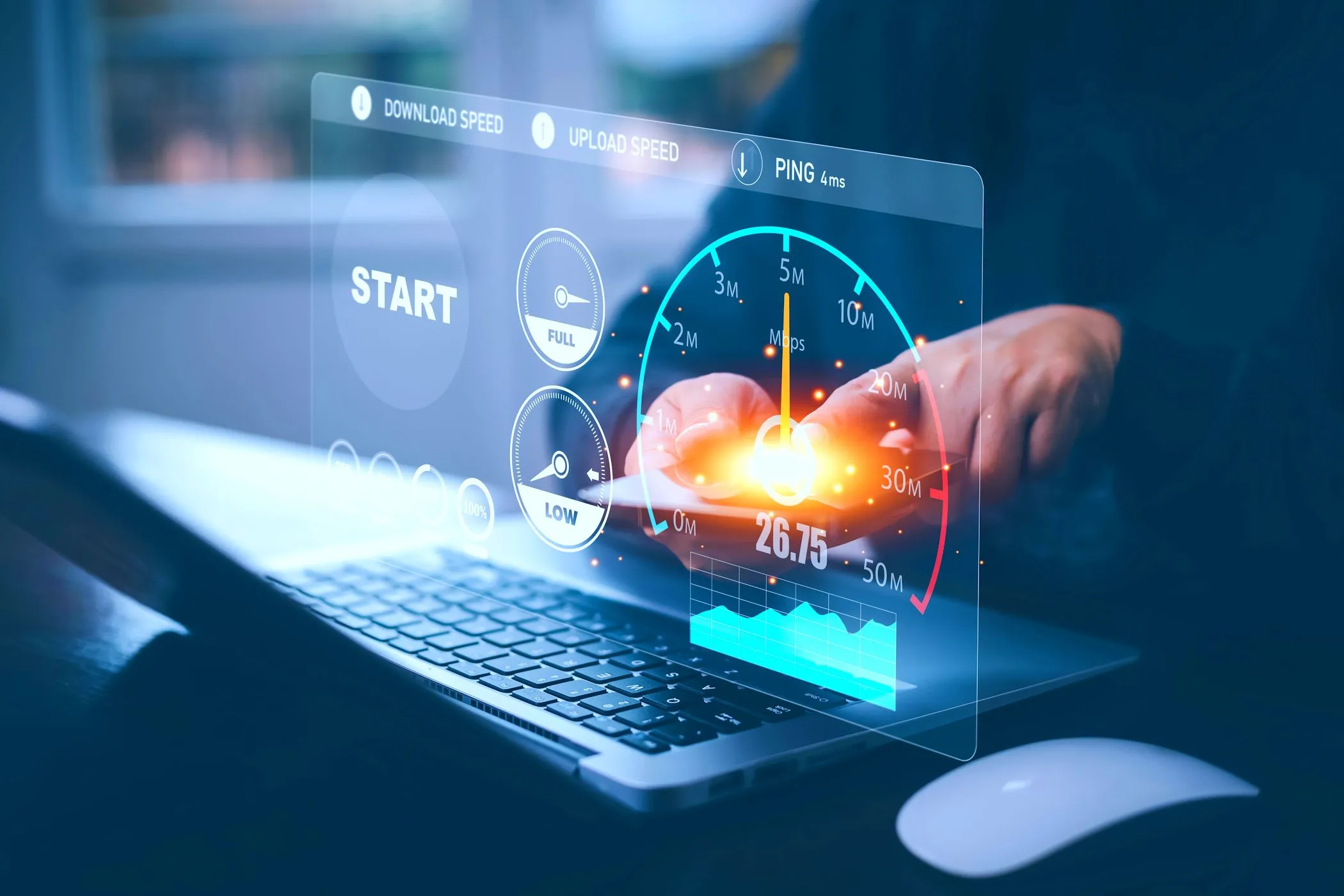 Kiểm tra tốc độ internet băng thông rộng trên máy tính xách tay, minh họa sự chênh lệch hiệu suất mạng thực tế.