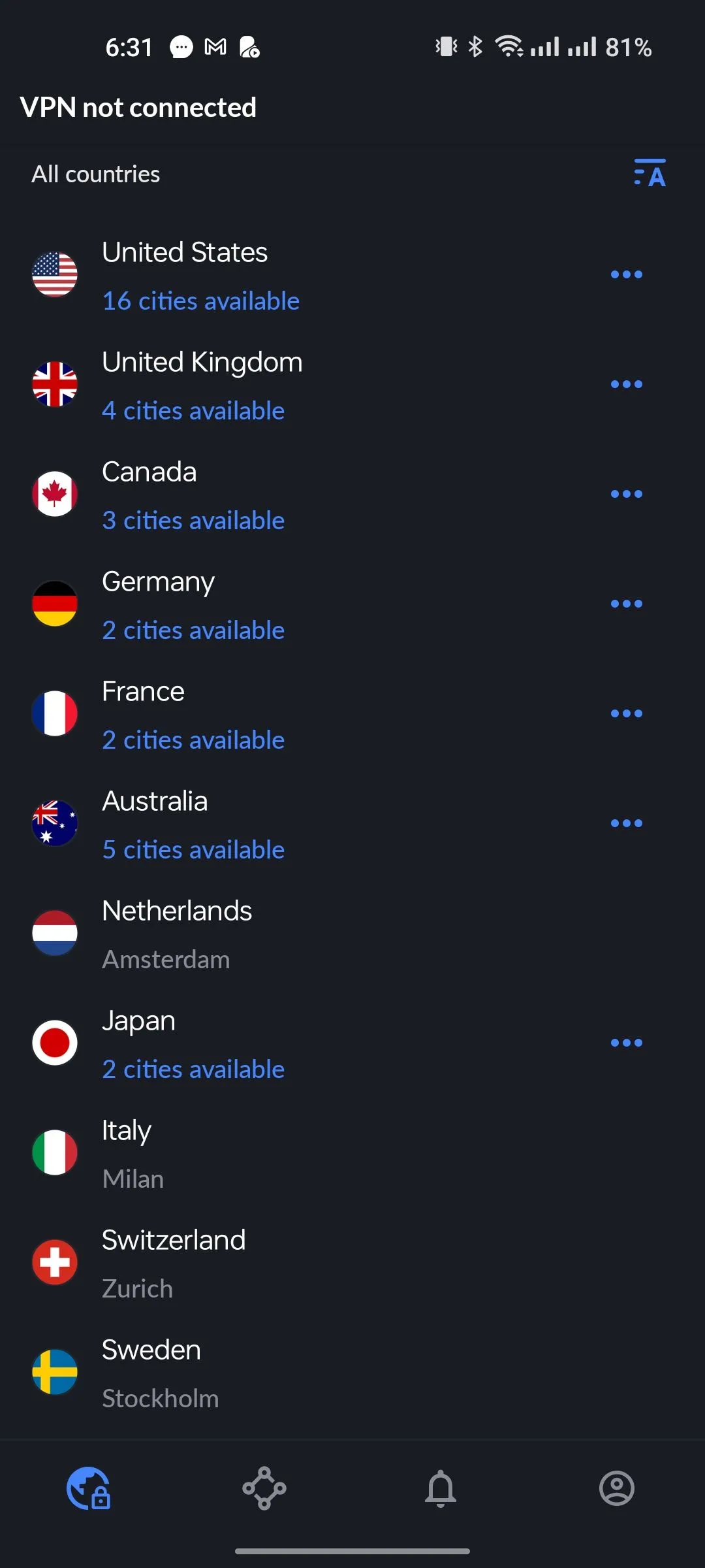 Lựa chọn máy chủ VPN theo quốc gia trên ứng dụng NordVPN để bảo mật kết nối.