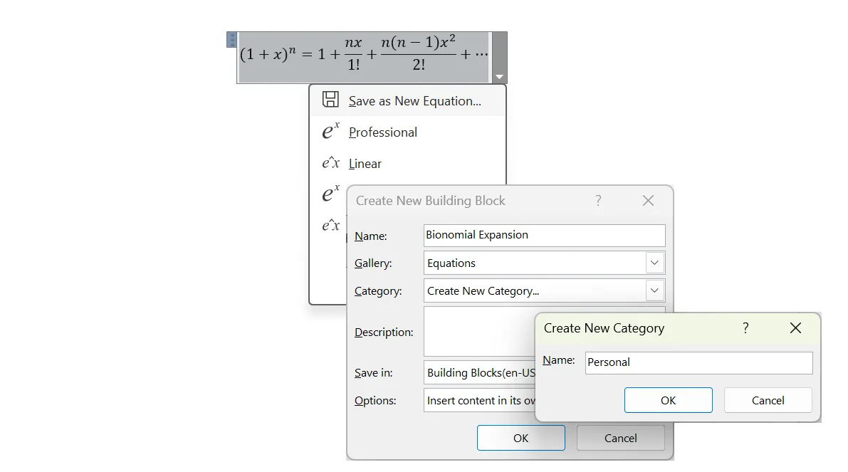 Lưu công thức toán học tùy chỉnh làm mẫu trong Microsoft Word để sử dụng lại nhanh chóng.