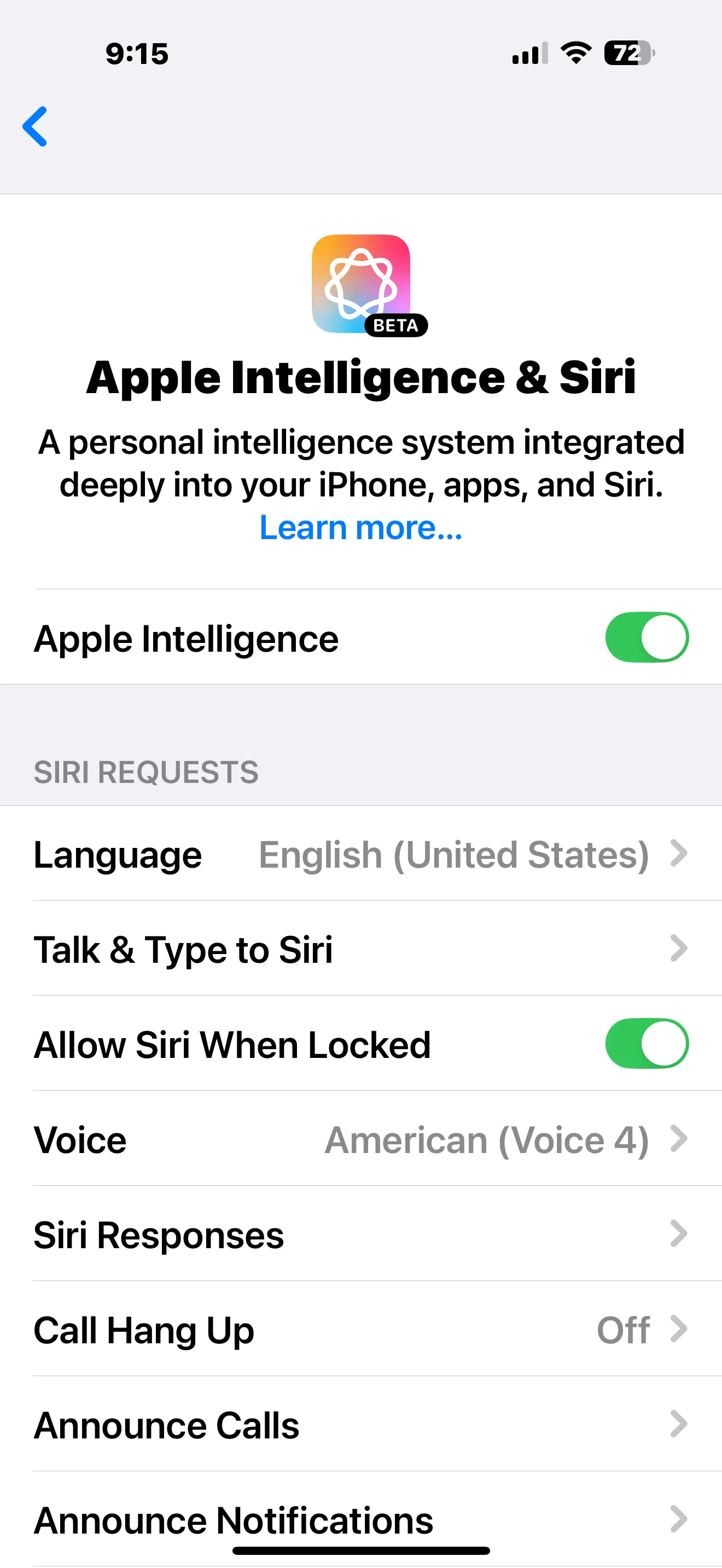 Màn hình cài đặt Apple Intelligence và Siri trên iPhone, hướng dẫn cách vô hiệu hóa tính năng AI